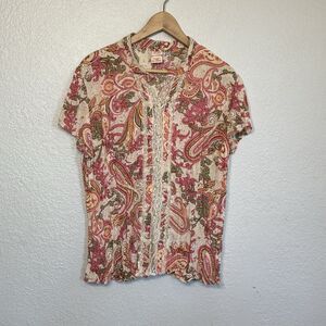 VTG Y2K Top Multicolor Paisley Lace Chiffon Button Front Cottagecore Women XL